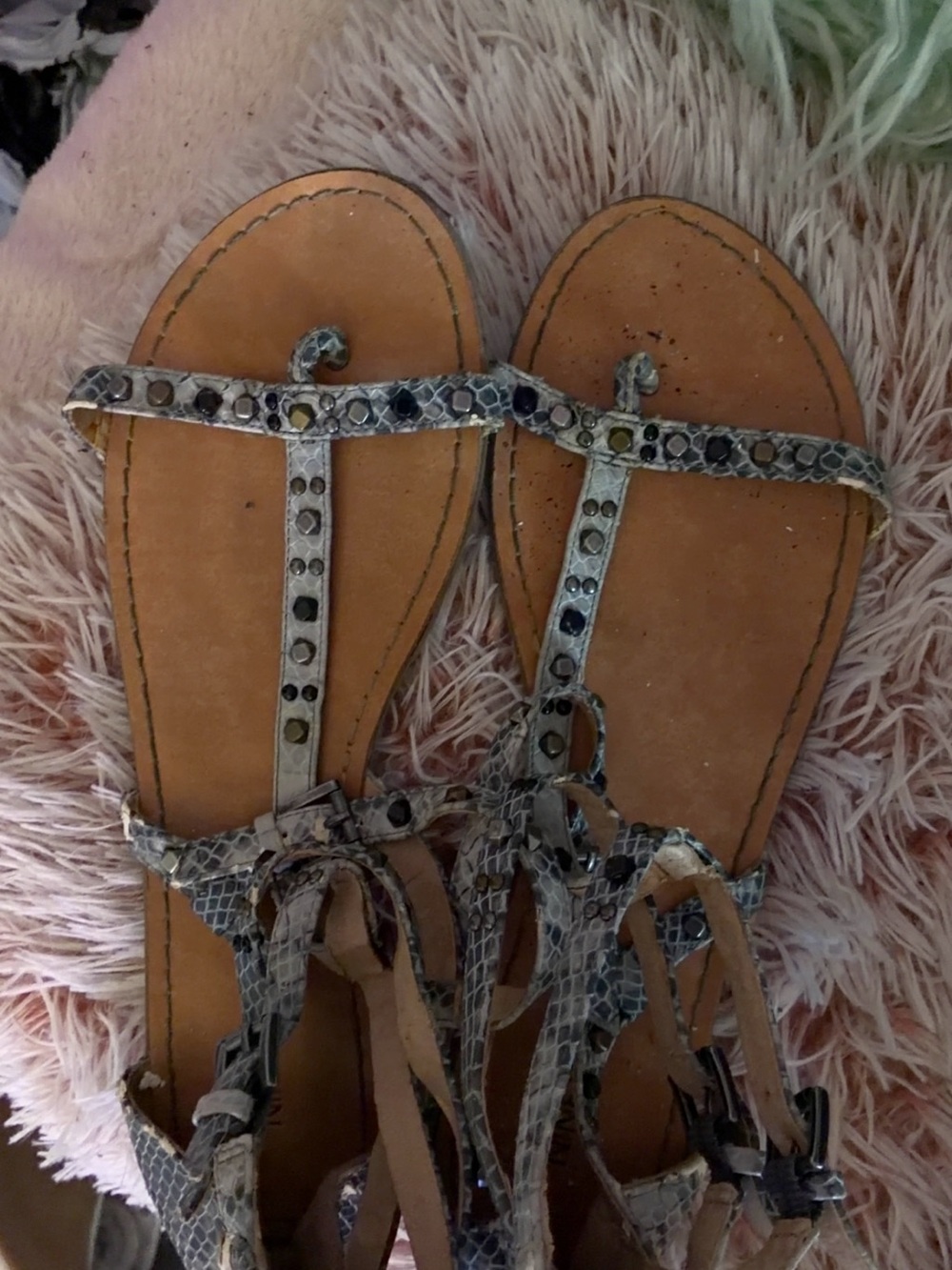 Nine West Snake-Print T-Strap Sandals in Tan and Gray